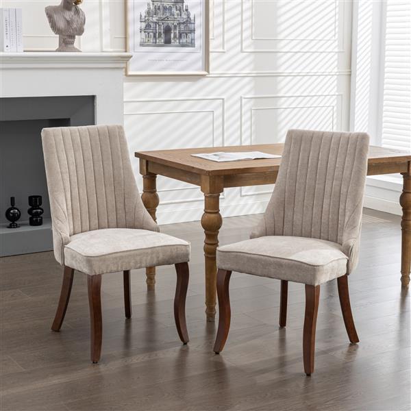 Rayon Cloth Flocking Linen Dining Chairs Channel Kitchen Dinner Chair Comfy Fabric Upholstered Accent Chair for Dining Room with Curved Solid Wood Legs,Set of 2 (Beige), SW1847BG