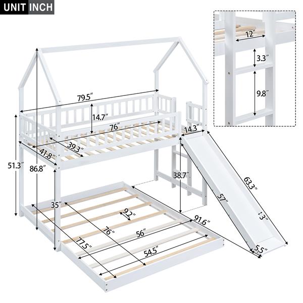 Twin over Full House Bunk Bed with Slide and Built-in Ladder, Full-Length Guardrail, White