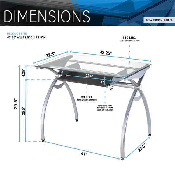 Clear Glass Top Computer Desk with Pull Out Keyboard Panel, Clear