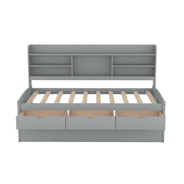 Twin Size Wooden Captain Bed with Built-in Bookshelves,Three Storage Drawers and Trundle,Light Grey