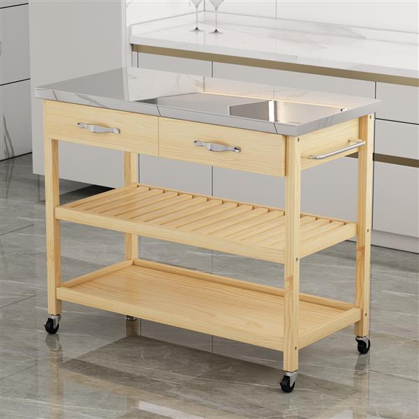 Stainless Steel Countertop Solid Wood Kitchen Cart with Storage Drawers and Shelves, Rotatable Kitchen Island with Steel Table Top and Tower Rack, Rolling Utility Trolley Cart for Kitchen and Dining