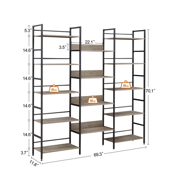 Triple Wide 5-shelf Bookshelves Industrial Retro Wooden Style Home and Office Large Open Bookshelves, Grey, 69.3"W x 11.8"D x 70.1"H