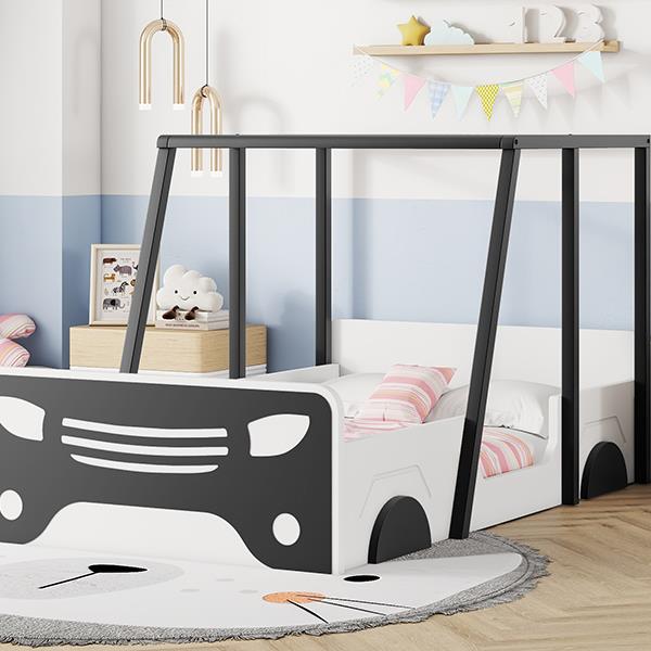 Twin Size Car-shaped Bed with Roof,Wooden Twin Floor Bed with wheels and door Design,Montessori Inspired Bedroom,Black