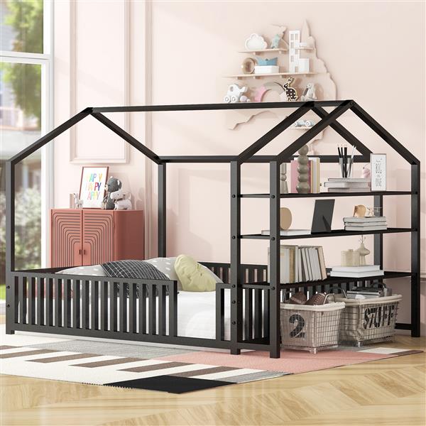 Full Size Metal House Bed with Fence and Detachable Storage Shelves, Black