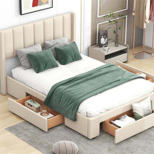 Full Size Upholstered Platform Bed with One Large Drawer in the Footboard and Drawer on Each Side,Beige