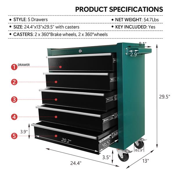 5-Drawers Rolling Tool Chest,Tool Cabinet on Wheels with Keyed Locking System and Drawer Liners,Tool Chest with Link Buckle and can be Combined to Large Cabinet Set,for Warehouse,Garage