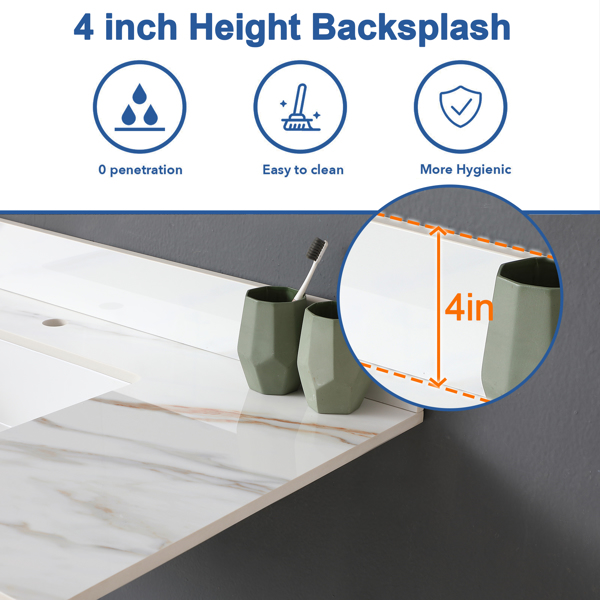 43 Inch Marble Vanity Top, Bathroom Vanity Top with Undermount Rectangular Middle Sink and 4" Height Backsplash, Pre-Drilled Faucet Hole Vanity Top, Single Hole