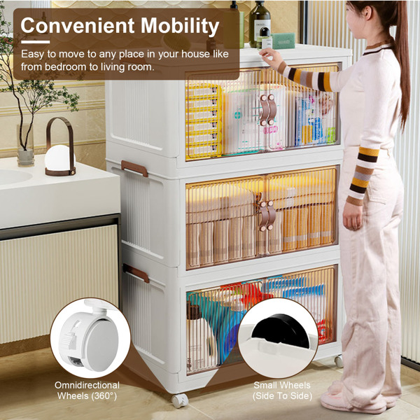 Foldable Storage Bins,3Pcs Foldable Storage Bins with with Lids 78QT Front Magnetic Door Collapsible Stackable Closet Organizer Containers with 4Pcs 360° Rotatable Wheels 8Pcs Small Wheels