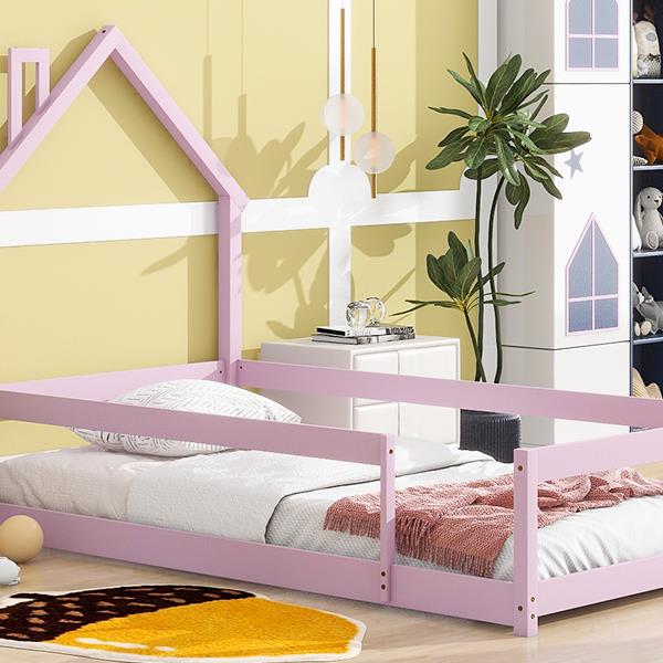 Twin Size Wood bed with House-shaped Headboard Floor bed with Fences,Pink