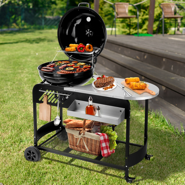 110*45*110cm Portable Charcoal Grill with Wheels and Sidetable, Large BBQ Smoker with Adjustable Vents on Lid for Outdoor Party Camping Picnic