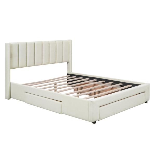 Full Size Upholstered Platform Bed with One Large Drawer in the Footboard and Drawer on Each Side,Beige