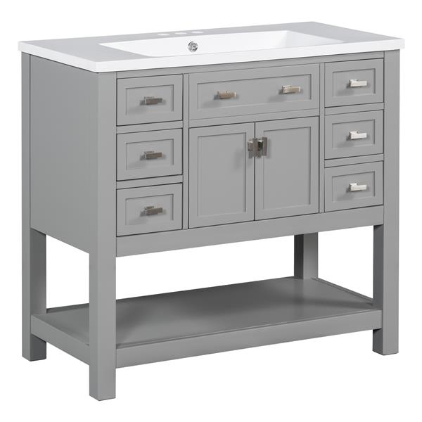 36'' Bathroom Vanity with Top Sink, Modern Mirror Cabinet with Towels Bar, Bathroom Storage Cabinet with 2 Soft Closing Doors and 6 Drawers, Single Sink Bathroom Vanity