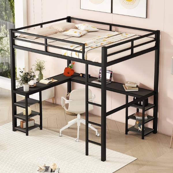 Full Metal Loft Bed with Desk and Shelves, Loft Bed with Ladder and Guardrails, Loft Bed Frame for Bedroom, Black with black desk