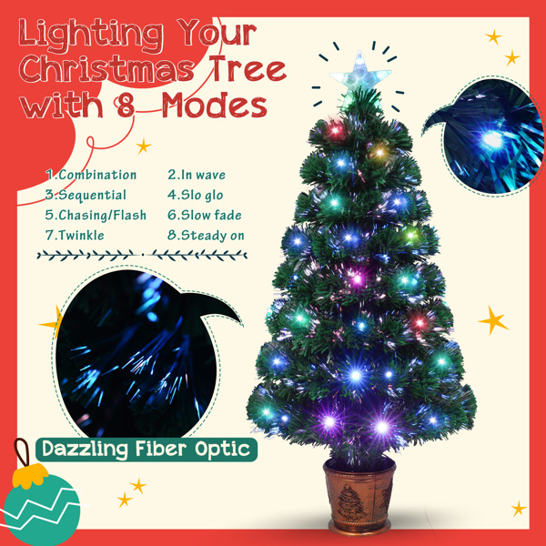 Pre-lit Optical Fiber Christmas Artificial Tree 4-Piece Set, Christmas Garland, Wreath and set of 2 Entrance Trees with Colorful Lights, PVC Festival Celebration Set 