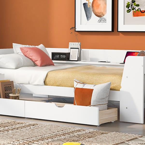 Twin Size Daybed with Shelves, Drawers and Built-In Charging Station, White