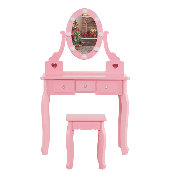 FCH Kids Vanity Set with Mirror and Lights and Stool, 5 Storage Drawers, Pretend Play Princess Makeup Desk Dressing Table and Stool Set for Little Girls Age 3+, Macaroon Pink