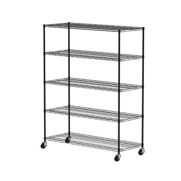 Warehouse, supermarket,kitchen,and other 5-layer heavy-duty adjustable shelves with wheels and adjustable feet,each metal frame bearing 300 pounds.  59.45 "L × 24.02 "W × 71.65 "H,Black.