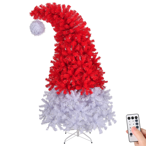 6 FT Santa Hat Style Pre-lit Christmas Tree, Hinged Artificial Xmas Tree Pine Tree with 300 Lights, 1050 Branch Tips and Remote Control for Holiday Party Store Office Home, Red & White