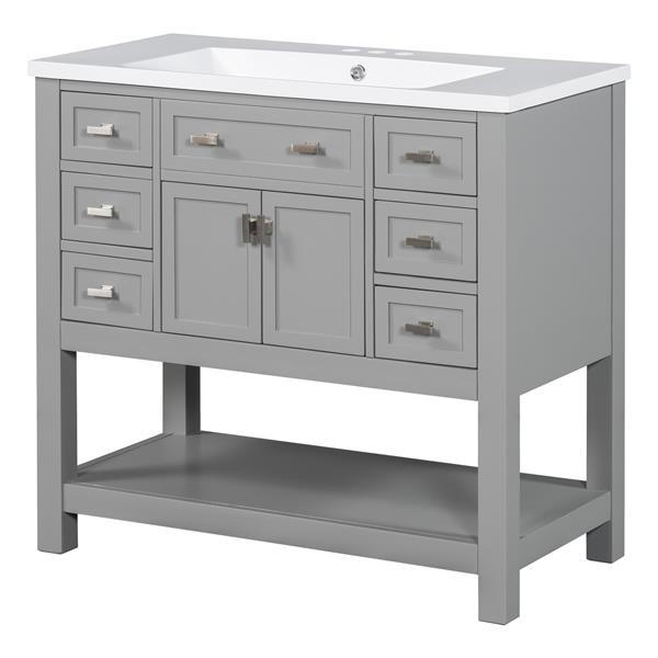 36'' Bathroom Vanity with Top Sink, Modern Mirror Cabinet with Towels Bar, Bathroom Storage Cabinet with 2 Soft Closing Doors and 6 Drawers, Single Sink Bathroom Vanity