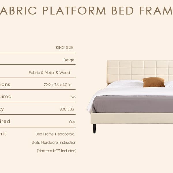 King Size Platform Bed Frame with Fabric Upholstered Headboard and Wooden Slats, No Box Spring Needed/Easy Assembly, Dark Beige