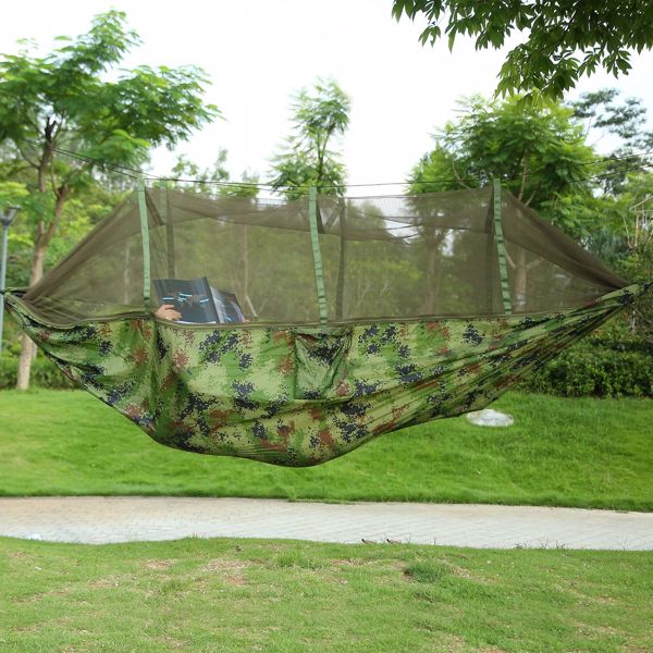 Camping Hammock, Portable Double Hammock with Net,600lbs Load 2 Persons Hammock w/Mosquito Net Outdoor Hiking Camping Hommock Portable Nylon Swing Hanging Bed w/ Strap Hook Carry Bag