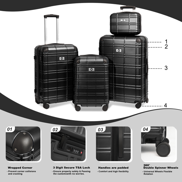 Luggage Sets ABS+PC Hardshell 4pcs Luggage Hardside Lightweight Durable Suitcase sets Spinner Wheels Suitcase with TSA Lock (12/20/24/28),black 