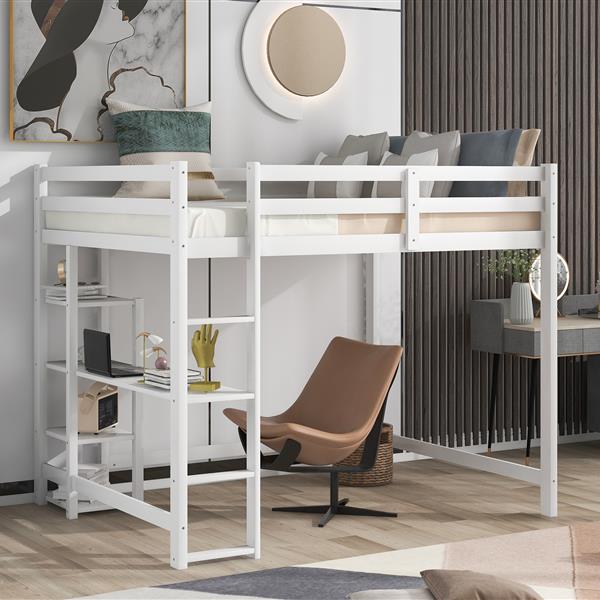 Full Size Loft Bed with Built-in Desk and Shelves,White