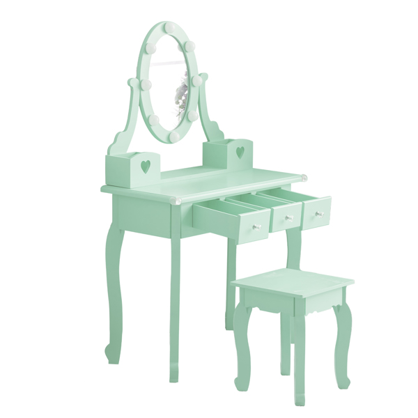 FCH Kids Vanity Set with Mirror and Lights and Stool, 5 Storage Drawers, Pretend Play Princess Makeup Desk Dressing Table and Stool Set for Little Girls Age 3+, Macaroon Green