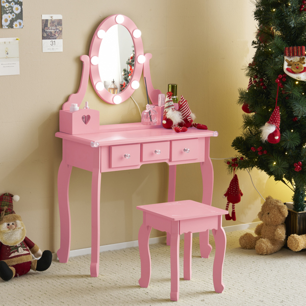 FCH Kids Vanity Set with Mirror and Lights and Stool, 5 Storage Drawers, Pretend Play Princess Makeup Desk Dressing Table and Stool Set for Little Girls Age 3+, Macaroon Pink