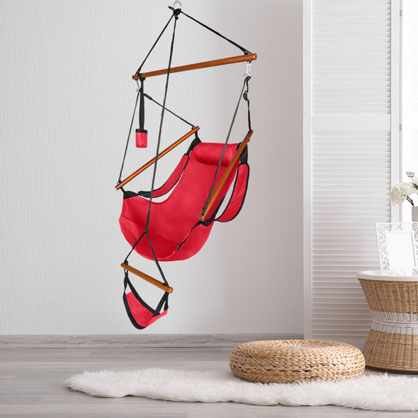 Oxford Cloth Hardwood With Cup Holder Wooden Stick Perforated 100kg Seaside Courtyard Oxford Cloth Hanging Chair   Red