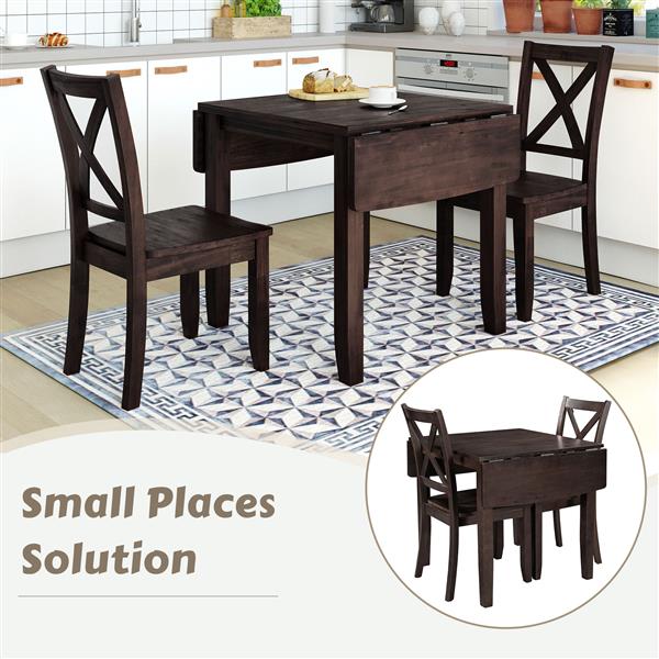 3-Piece Wood Drop Leaf Breakfast Nook Dining Table Set with 2 X-back Chairs for Small Places, Espresso