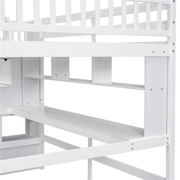 Full Size Loft Bed with Built-in Desk, Bookshelves and Storage Staircase,White