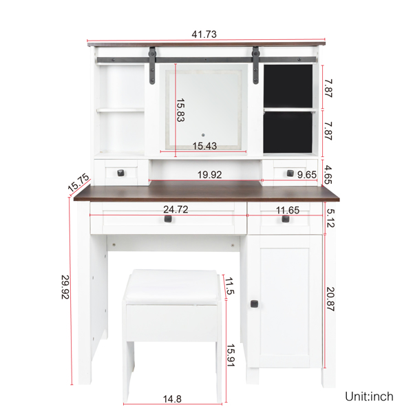 Farmhouse Makeup Vanity with Mirror and Lights,41.73" Wide Vanity Desk ,Vanity Table with 4 Drawers and 1 Cabinet,3 Color Modes, Dressing Table for Bedroom 