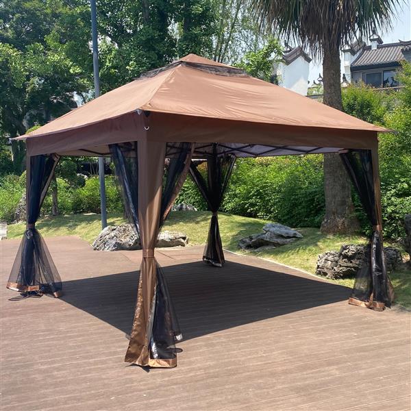 Outdoor 11x 11Ft Pop Up Gazebo Canopy With Removable Zipper Netting,2-Tier Soft Top Event Tent,Suitable For Patio Backyard Garden Camping Area with 4 Sandbags,Brown