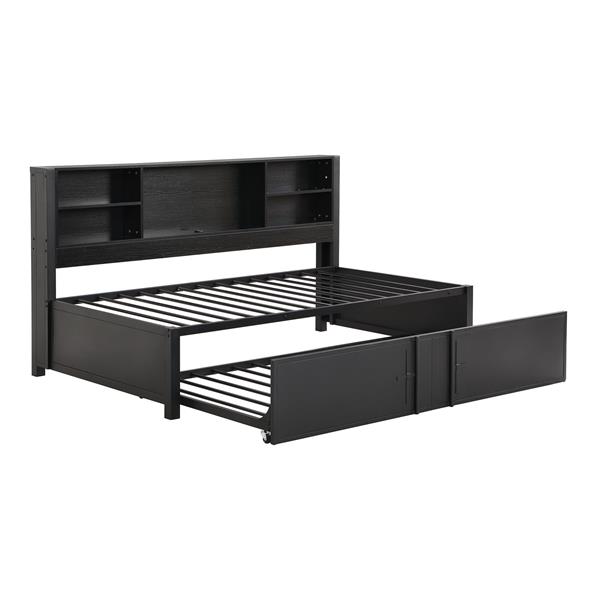 Metal Twin Size Daybed with Twin Size Trundle, Storage Shelves and USB Ports, Black