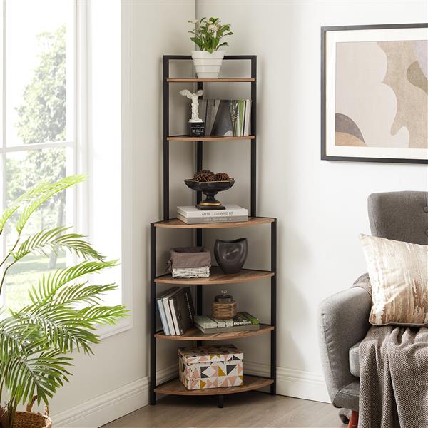 6-Tier Corner Open Shelf Modern Bookcase Wood Rack  Shelving Unit,Plant Album Trinket Sturdy Stand Small Bookshelf Space-Saving for Living Room Home Office Kitchen Small Space Rustic Brown