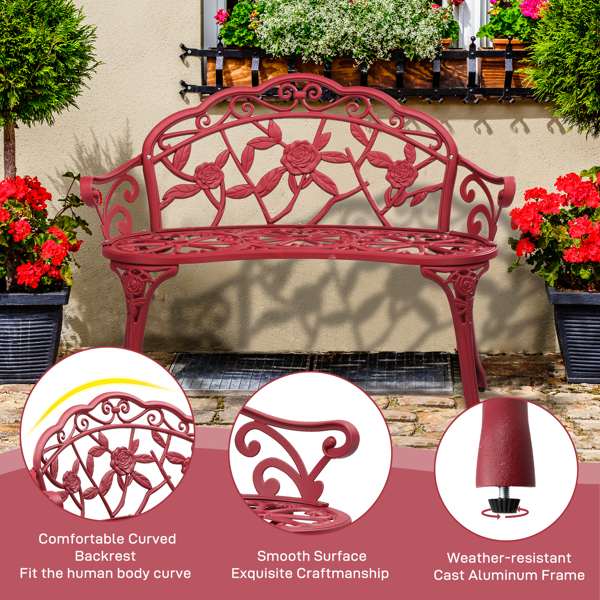 Outdoor Cast Aluminum Patio Bench, Porch Bench Chair with Curved Legs Rose Pattern, Red