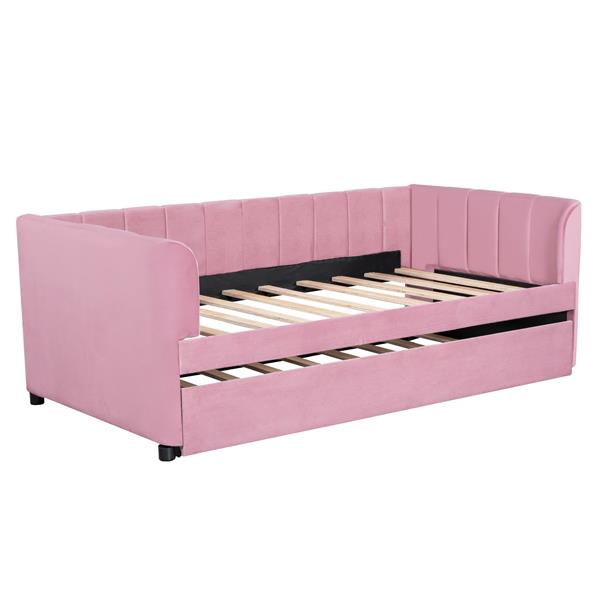 Twin Size Upholstered Daybed with Ergonomic Design Backrest and Trundle, Pink