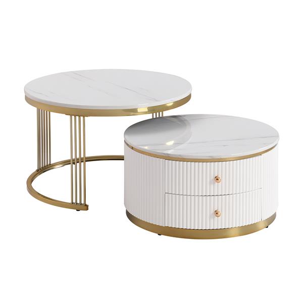 Modern 2 Pieces White Round Nesting  Coffee Table with Drawers in 27.6''