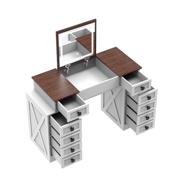 Vanity Desk with Dimmable LED Light with 10 Drawers, Makeup Table with Flip Up Mirror for Space-saving,Large Storage Vanity Table Set with Stool and Drawers, White+Walnut Finish 