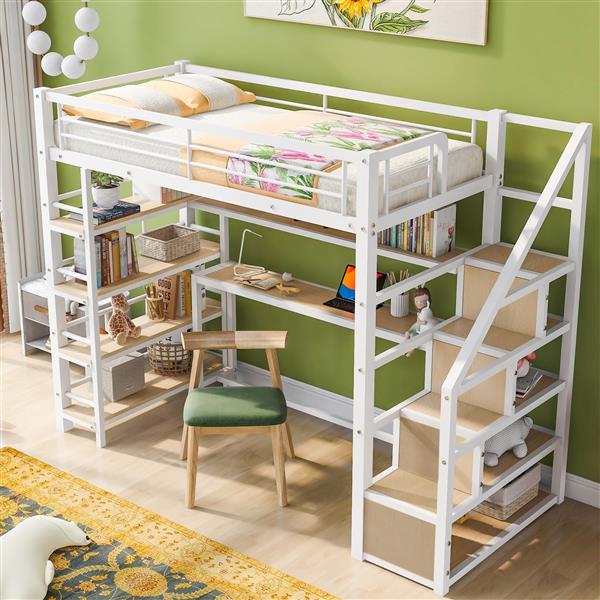 Twin Size Metal Loft bed with Staircase, Built-in Desk and Storage Shelves, White