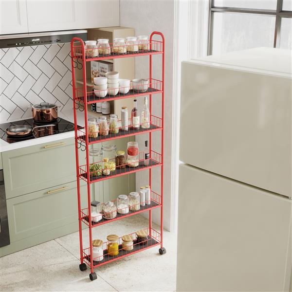 Red 6-Tier Rolling Cart Gap Kitchen Slim Slide Out Storage Tower Rack with Wheels,6 Baskets,Kitchen,Bathroom Laundry Narrow Piaces Utility cart