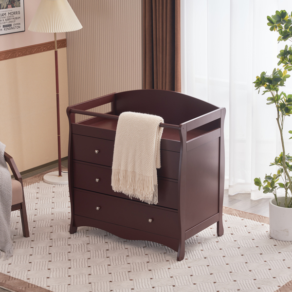 【Old Code:62594198】90*58*99cm Three Drawers With Seat Belt Baby Wooden Bed Nursing Table Brown