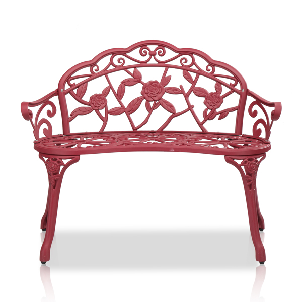 Outdoor Cast Aluminum Patio Bench, Porch Bench Chair with Curved Legs Rose Pattern, Red