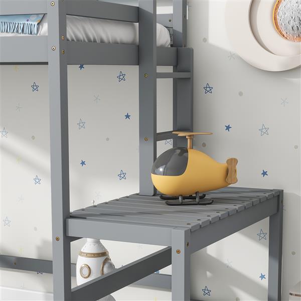 Twin High Loft Bed with Ladder landing Platform, Ladders, Guardrails,Grey