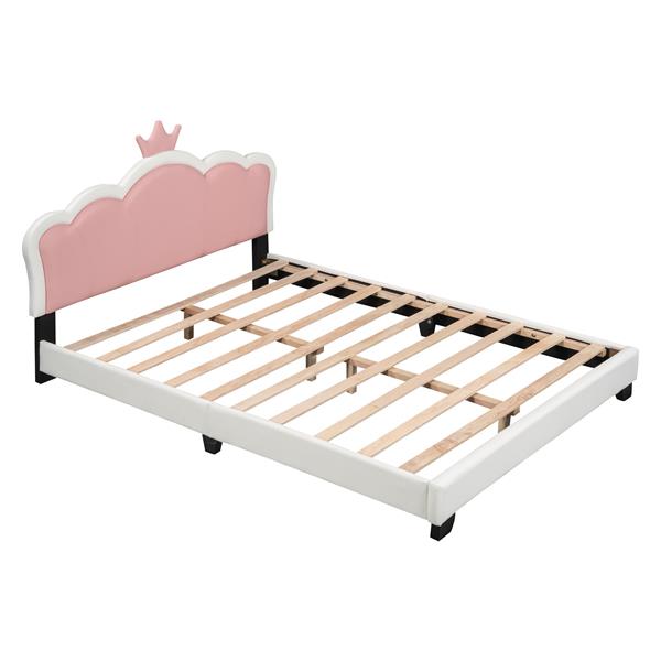 Full size Upholstered Princess Bed With Crown Headboard,Full Size Platform Bed with Headboard and Footboard, White+Pink