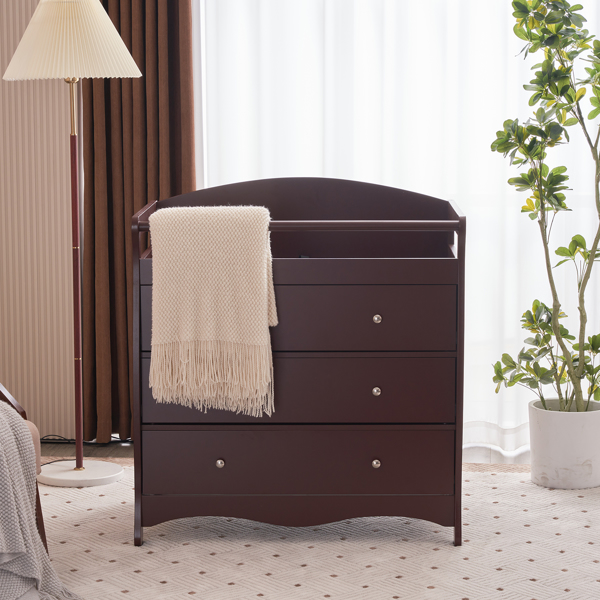 【Old Code:62594198】90*58*99cm Three Drawers With Seat Belt Baby Wooden Bed Nursing Table Brown