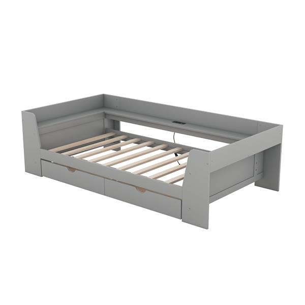 Twin Size Daybed with Shelves, Drawers and Built-In Charging Station, Gray