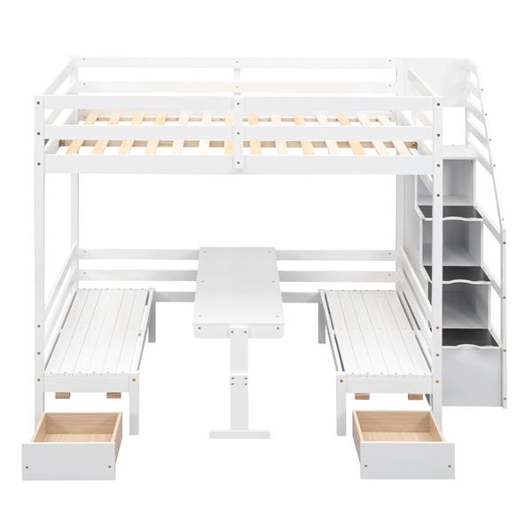 Full over Full Size Bunk with staircase,the Down Bed can be Convertible to Seats and Table Set,White