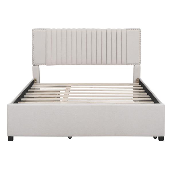 Queen Size Upholstered Platform Bed with 2 Drawers and 1 Twin XL Trundle, Classic Headboard Design, Beige